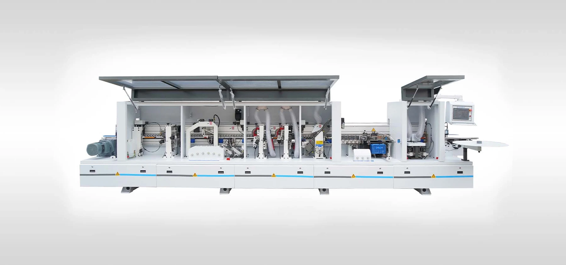 OMAC automatic edge banding machine with its upper cover open